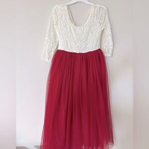 Girls White Lace and Red Tulle Holiday Dress